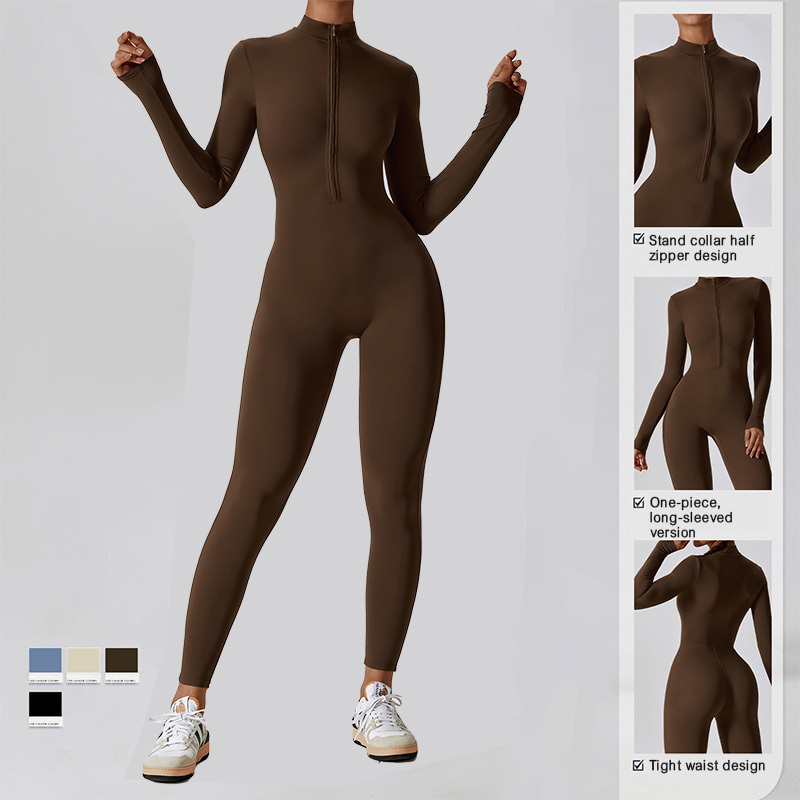 CLT8306 Women Long Sleeve Workout Jumpsuit Zip Up Romper Bottom Pants Bodysuit Bodycon Sexy One Piece