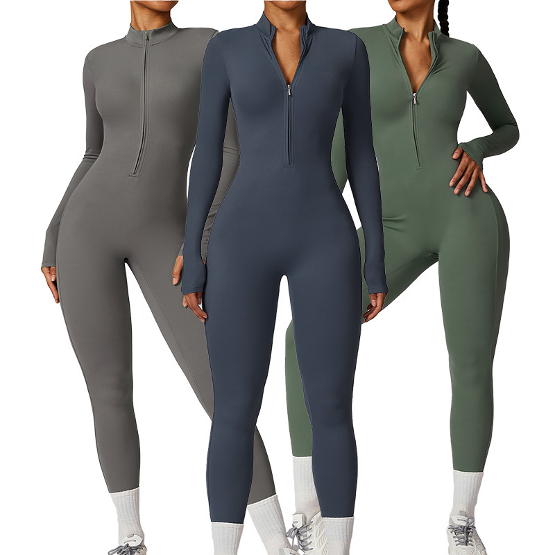 CLT8306 Women Long Sleeve Workout Jumpsuit Zip Up Romper Bottom Pants Bodysuit Bodycon Sexy One Piece