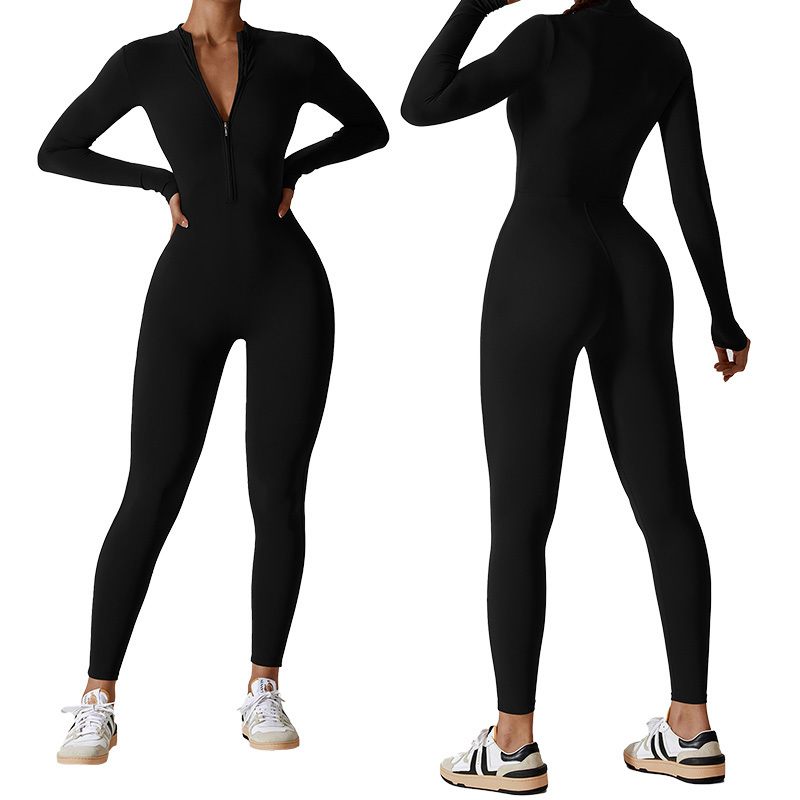 CLT8306 Women Long Sleeve Workout Jumpsuit Zip Up Romper Bottom Pants Bodysuit Bodycon Sexy One Piece