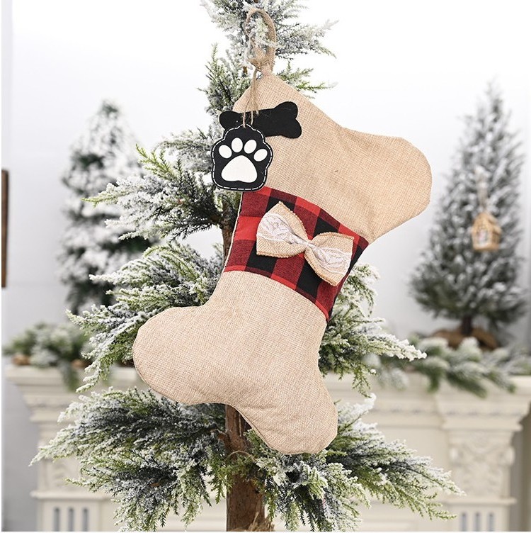 Fireplace Hanging Gifts Large Size Animal Dog Jute Pet Dog Bone Christmas Stocking