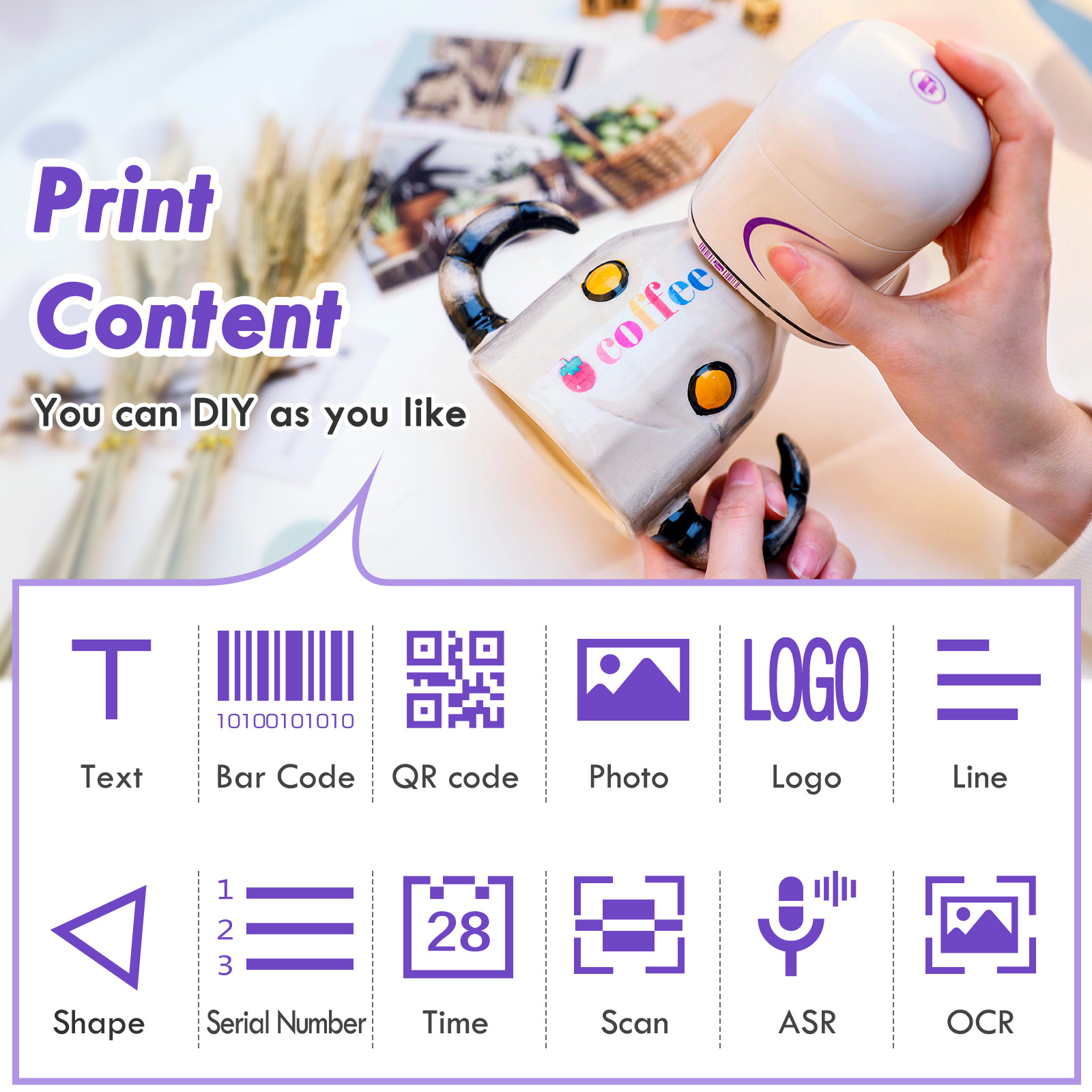 Portable mini multifunctional Bluetooth connection home color Logo label Pekoko inkjet printer