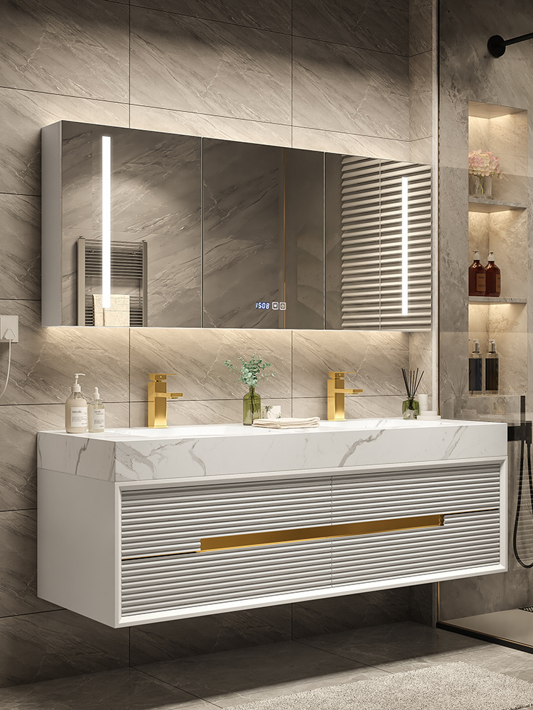 2022 Spring Modern Luxury Solid Wood Bathroom Cabinet Vanity with LED mirror and  Towel Handle