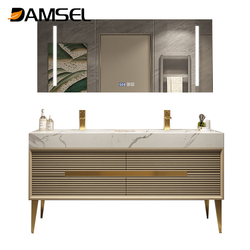 2022 Spring Modern Luxury Solid Wood Bathroom Cabinet Vanity with LED mirror and  Towel Handle