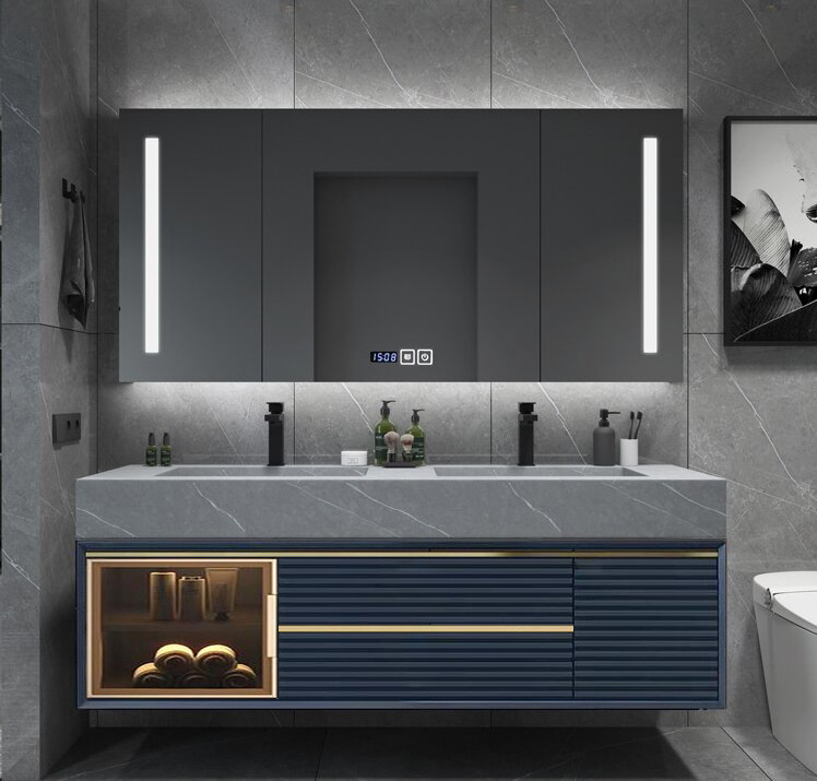 Modern Luxury Bathroom Cabinet Bathroom Vanity with Sintered Stone Counter Top and Double Sinks