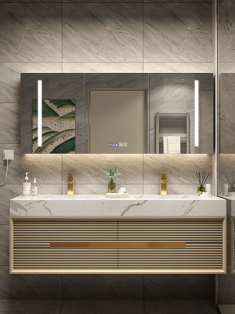 2022 Spring Modern Luxury Solid Wood Bathroom Cabinet Vanity with LED mirror and  Towel Handle