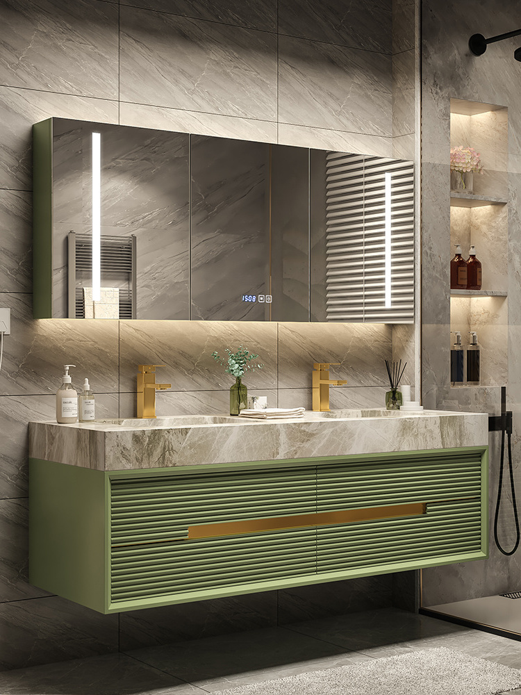 2022 Spring Modern Luxury Solid Wood Bathroom Cabinet Vanity with LED mirror and  Towel Handle