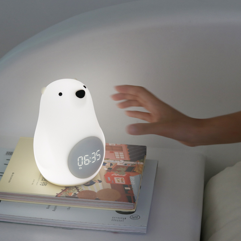 Cute Wake up bear bedroom atmosphere cartoon  led  Silicone voice control led clock bedside alarm clock charging night light