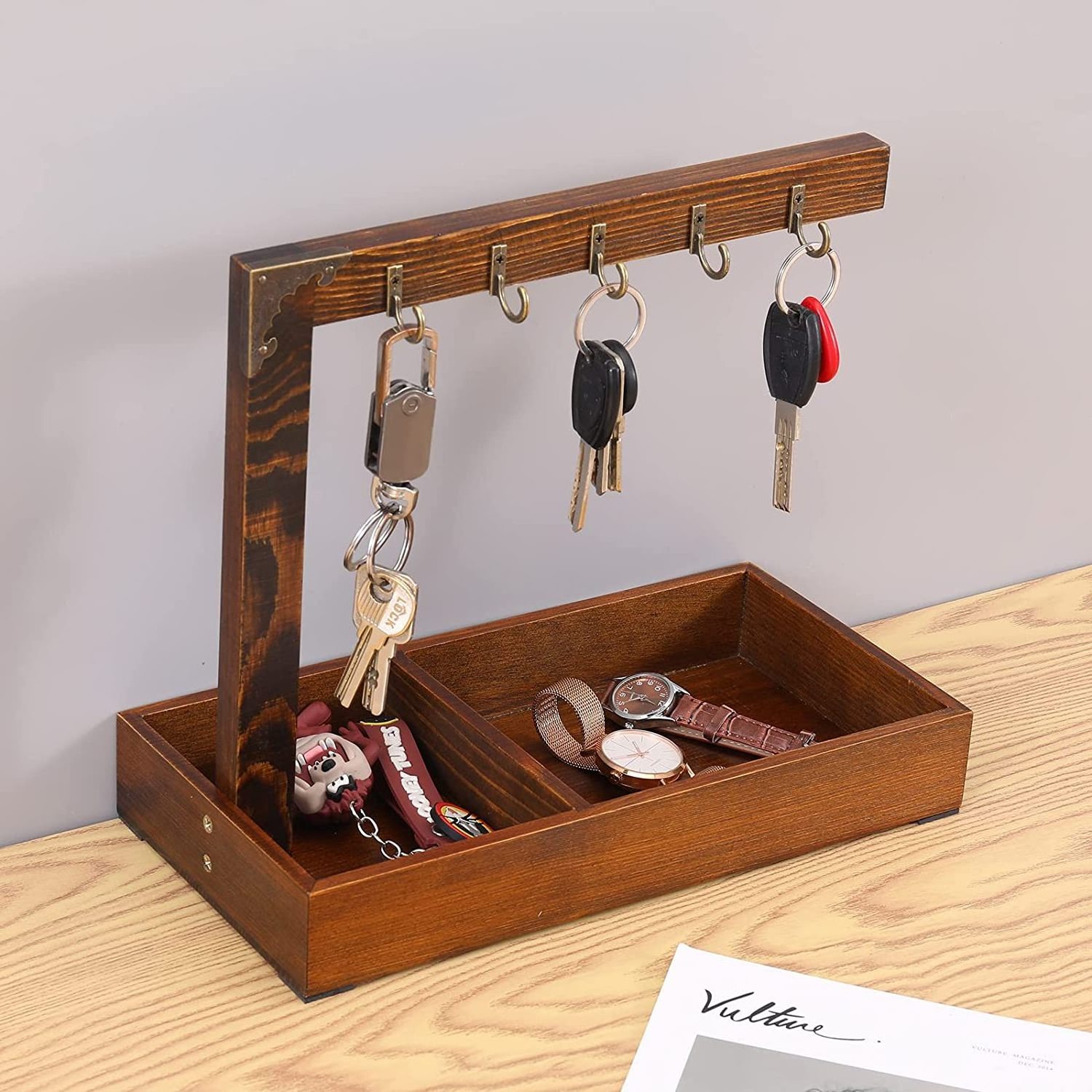 2024 Home Decor Key Holder Organizer 5 Hook Desktop Storage Tray Entry Wooden Hanging key holder