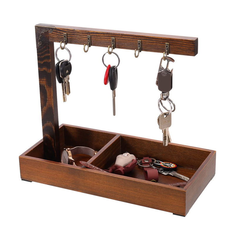 2024 Home Decor Key Holder Organizer 5 Hook Desktop Storage Tray Entry Wooden Hanging key holder