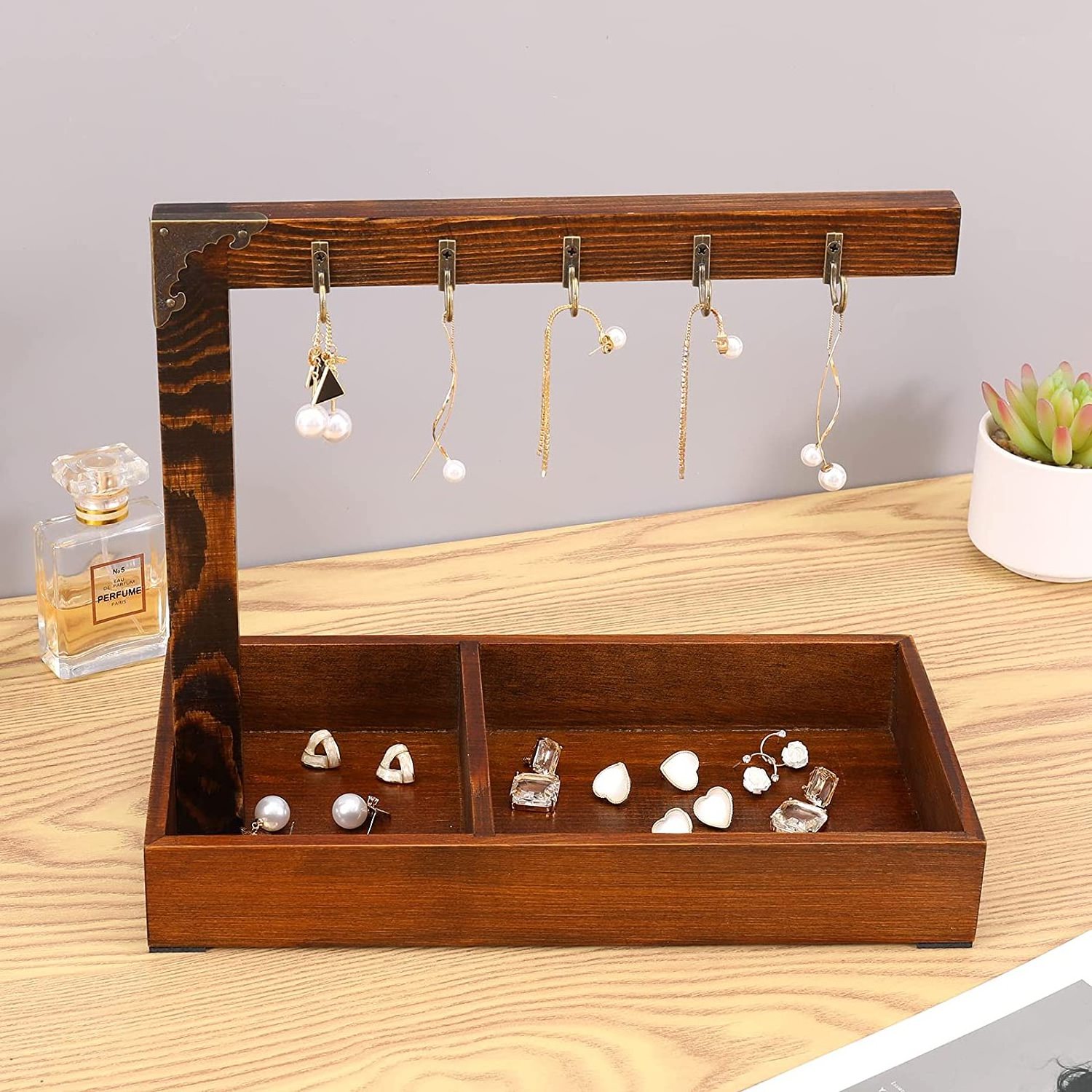 2024 Home Decor Key Holder Organizer 5 Hook Desktop Storage Tray Entry Wooden Hanging key holder