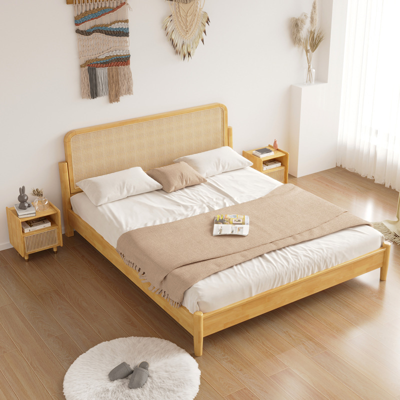 Natural Modern Bedroom Furniture Oak Double Queen King Size Rattan Wooden Beds