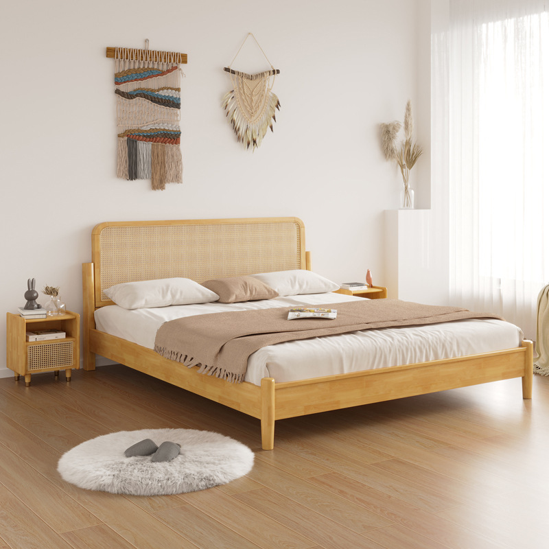 Natural Modern Bedroom Furniture Oak Double Queen King Size Rattan Wooden Beds