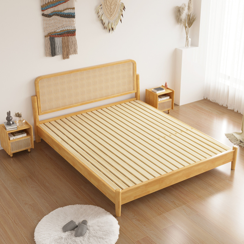 Natural Modern Bedroom Furniture Oak Double Queen King Size Rattan Wooden Beds