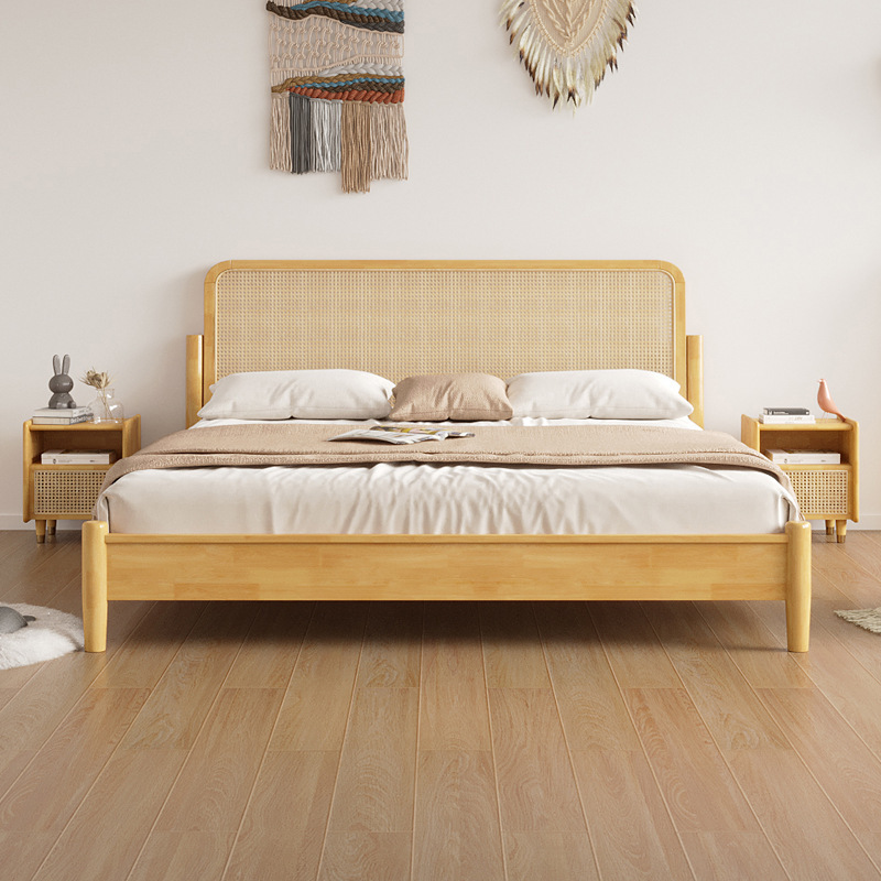 Natural Modern Bedroom Furniture Oak Double Queen King Size Rattan Wooden Beds