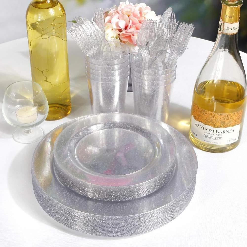 Silver Glitter Disposable Plates Made of Hard Plastic BPA Free dinnerware set with fork, knife, spoon with napkin