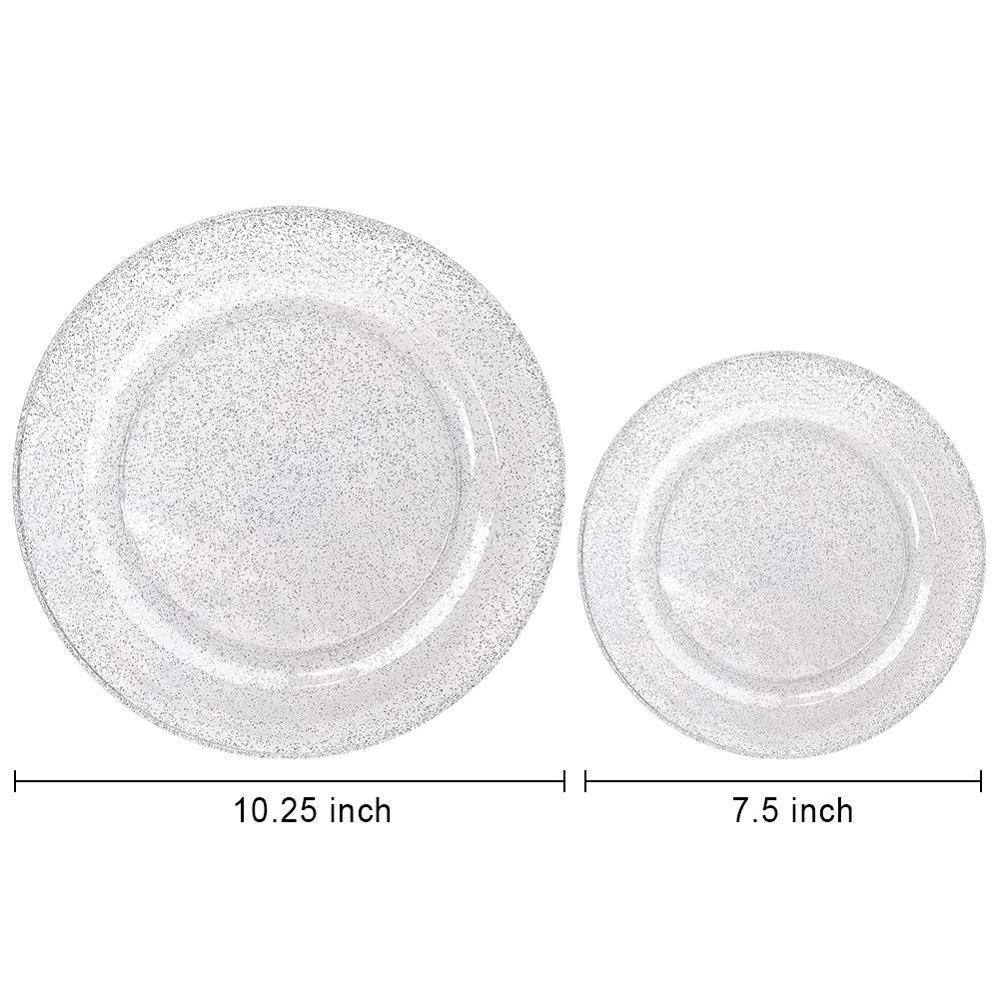 Silver Glitter Disposable Plates Made of Hard Plastic BPA Free dinnerware set with fork, knife, spoon with napkin