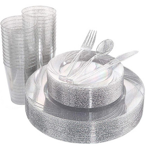 Silver Glitter Disposable Plates Made of Hard Plastic BPA Free dinnerware set with fork, knife, spoon with napkin