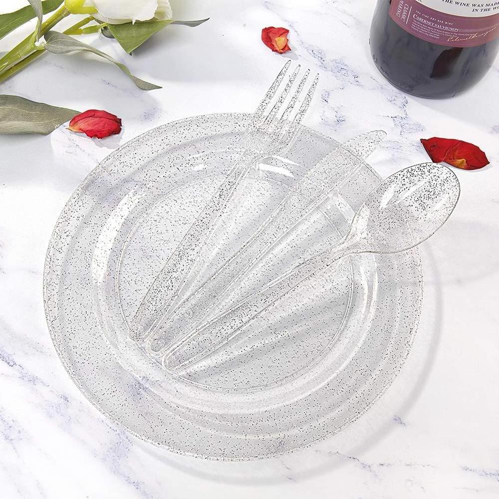 Silver Glitter Disposable Plates Made of Hard Plastic BPA Free dinnerware set with fork, knife, spoon with napkin