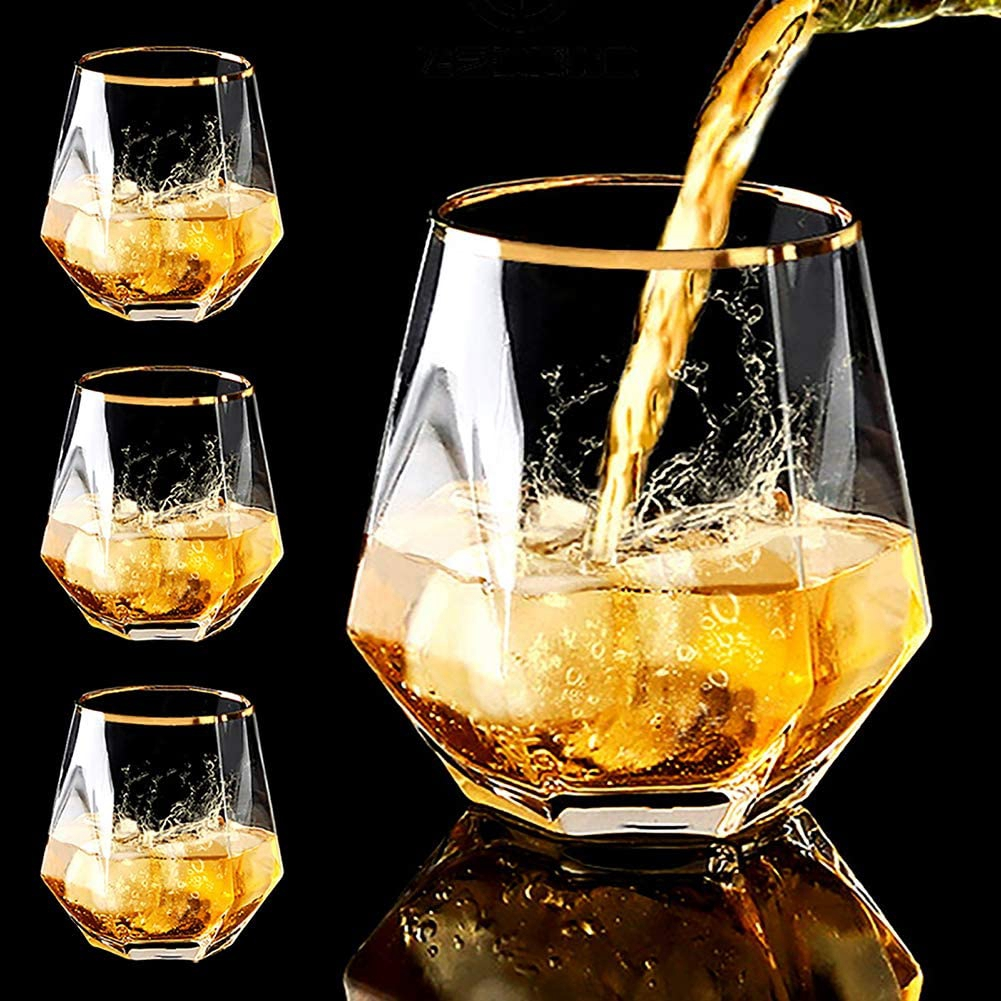 30 Pack Diamond Shaped Plastic Stemless Wine Glasses Disposable 12 Oz Gold Rim Plastic Wine Whiskey Cups Shatterproof Recyclable