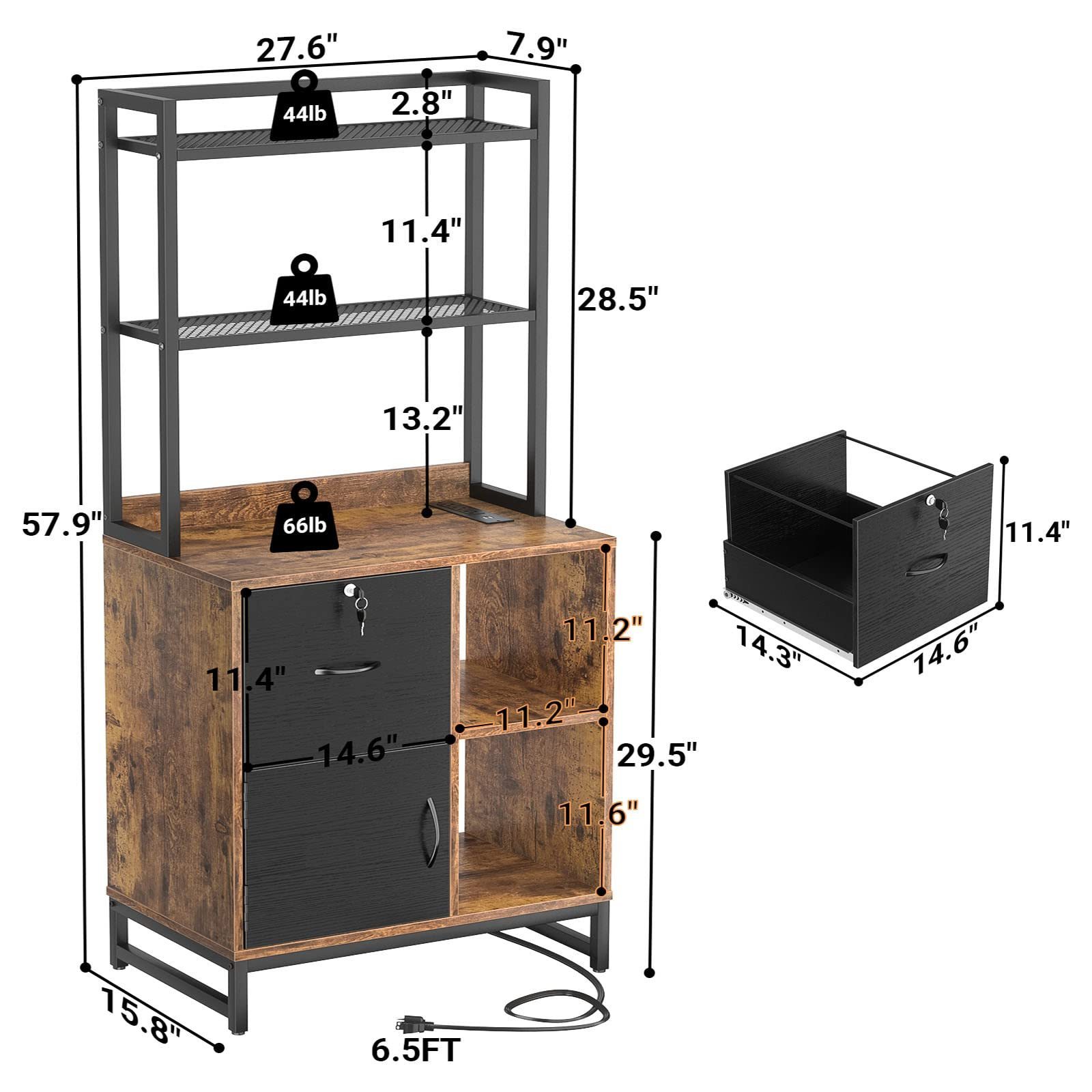 Vertical Filing Cabinet with Lock & Charging Station, Large Drawer Wood File Cabinet with Bookshelf