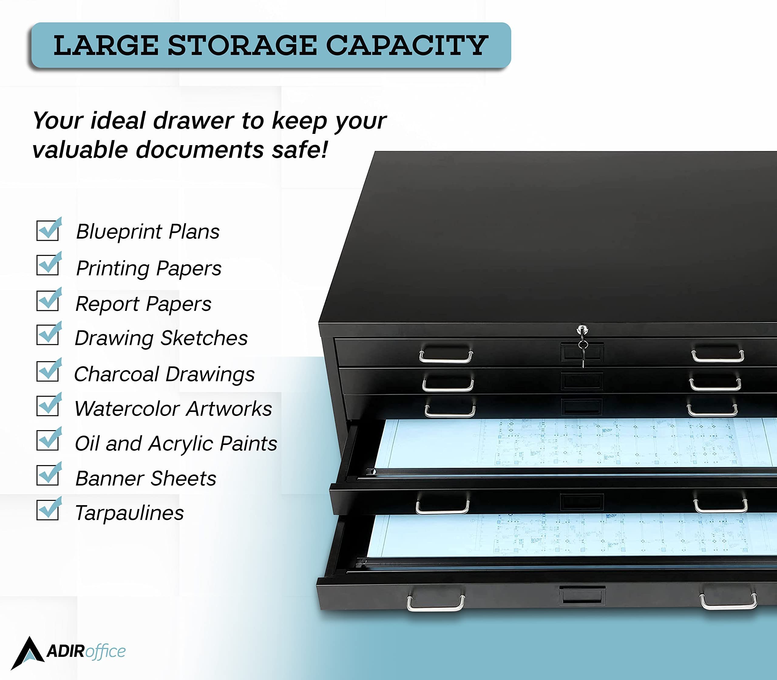 Steel Flat File Cabinet for Deep Files 5 Drawers