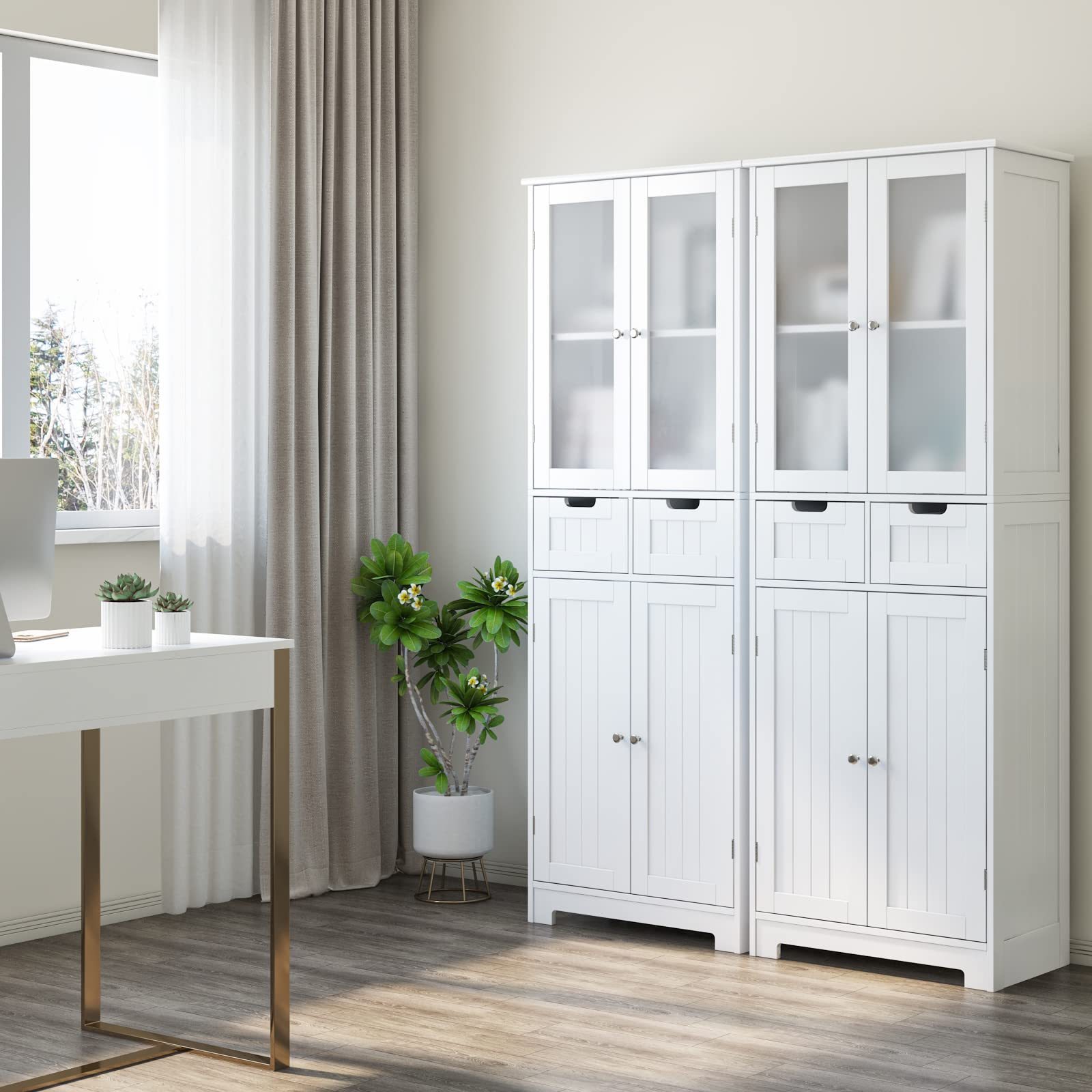 Storage Cabinet Freestanding Pantry Cabinet with Glass Door and Shelves Linen Bathroom Cabinet