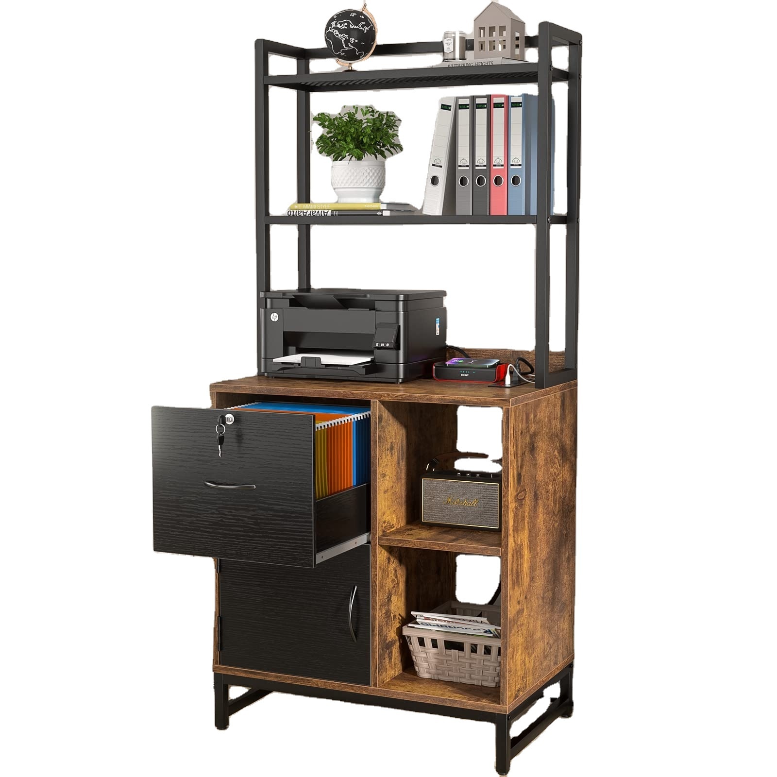 Vertical Filing Cabinet with Lock & Charging Station, Large Drawer Wood File Cabinet with Bookshelf