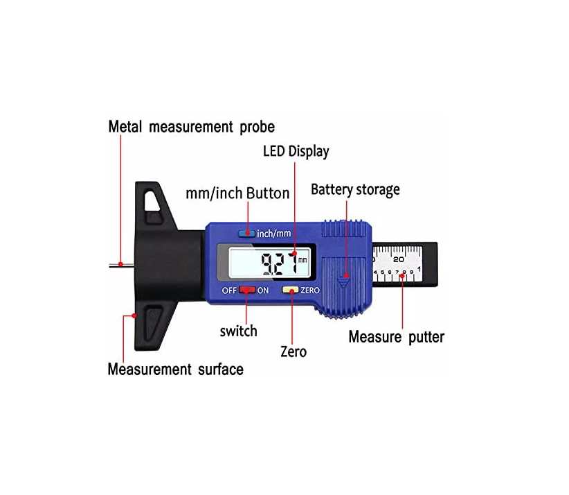 Tire Tread Depth Gauge, LCD Digital Tire Tread Depth Gauge Tool with Inch and MM Conversion of 0-0.98 Inches (Blue)