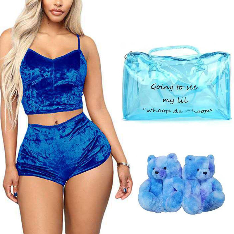 Wholesale clear custom sets one duffle travel overnight spend the night bags with slippers teddy bear velvet underwear lingerie