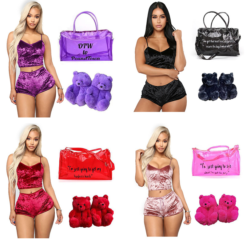 Wholesale clear custom sets one duffle travel overnight spend the night bags with slippers teddy bear velvet underwear lingerie