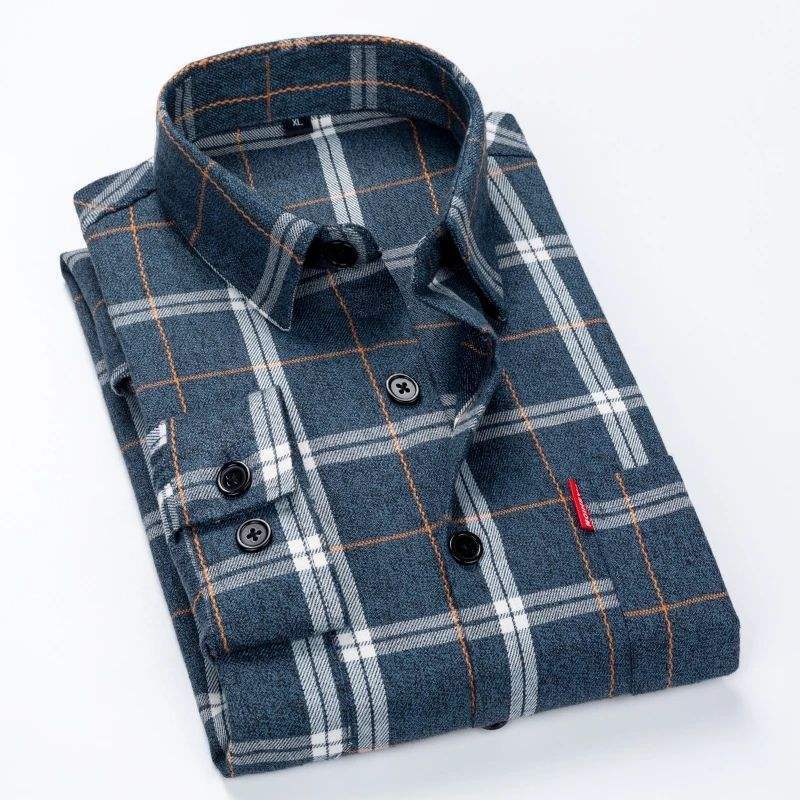 High Quality Brushed Cotton Checked Shirt For Men Long Sleeve Casual Flannel Regular Fit Business Dress Shirts