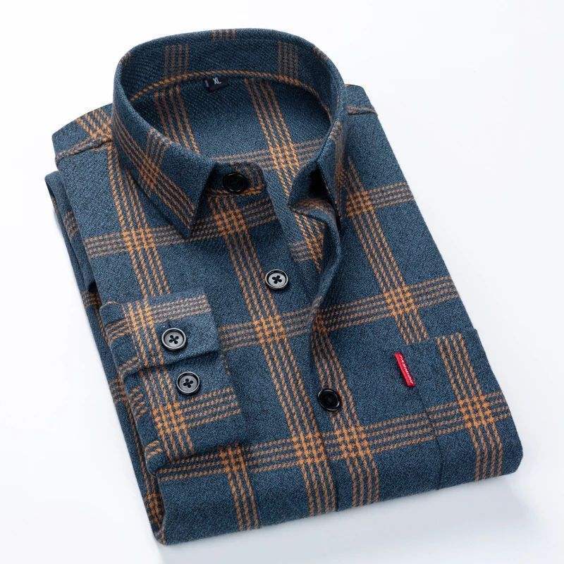 High Quality Brushed Cotton Checked Shirt For Men Long Sleeve Casual Flannel Regular Fit Business Dress Shirts