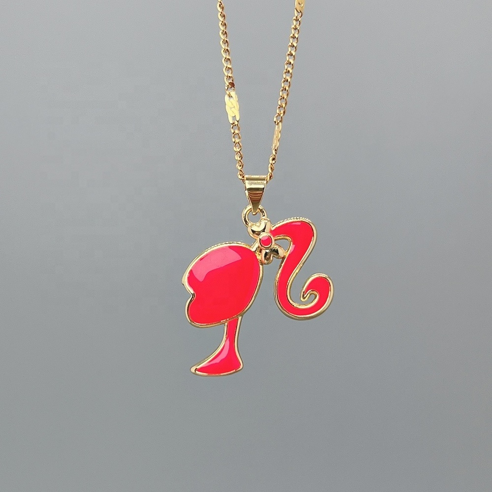 Wholesale Zircon Shell Enamel Cartoon Barbie Pendant Necklace Stainless Steel Chain Jewelry For Women