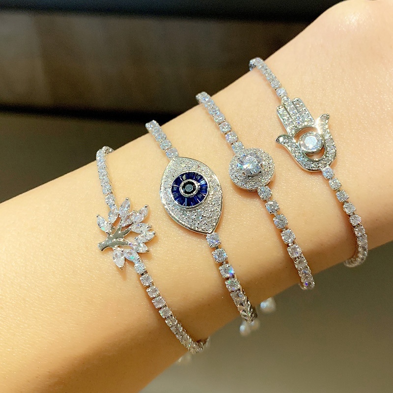 Fashion jewelry silver zircon hamsa evil eye Tree of Life charm Bracelet for women