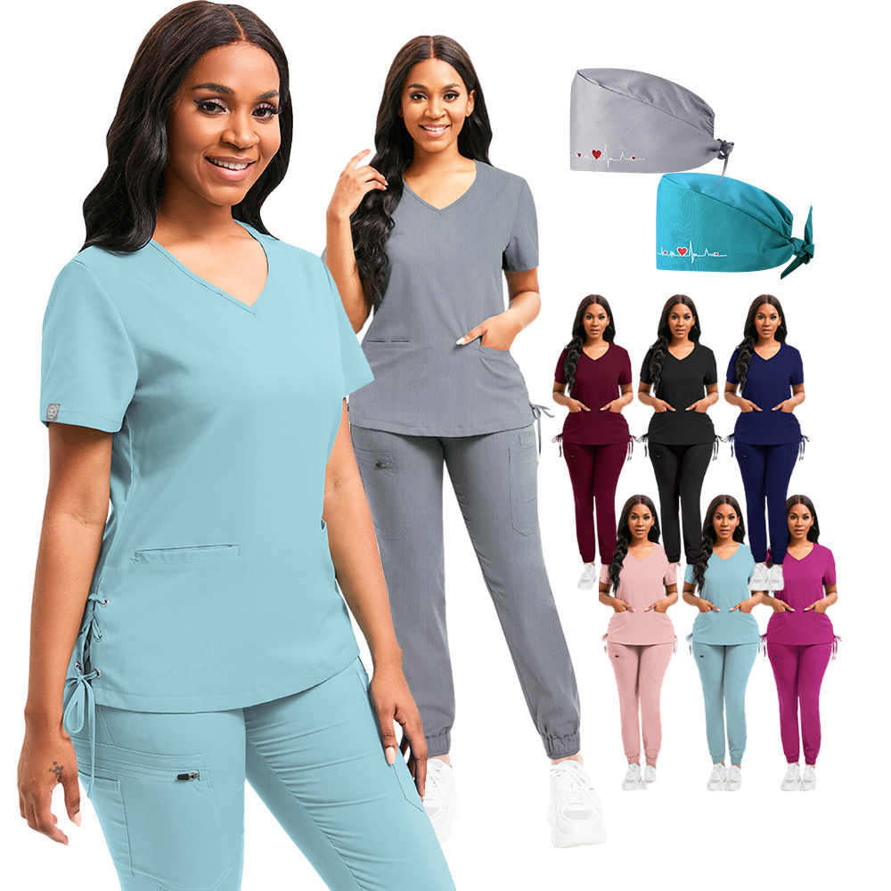 Custom Logo Fashion Srubs Medical Scrubs Uniform Suit V Neck Solid Nursing Set Tops Women's Medical Nurse Uniform Scrub Suit