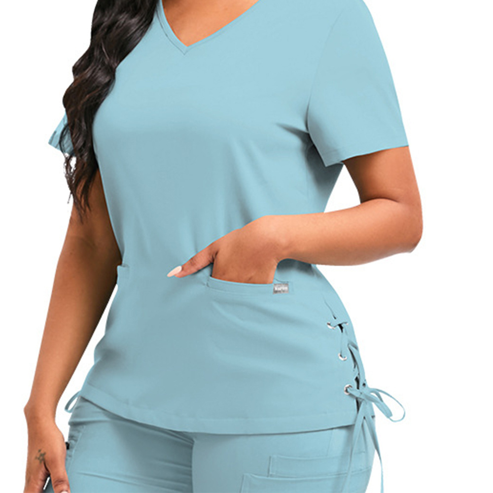 Custom Logo Fashion Srubs Medical Scrubs Uniform Suit V Neck Solid Nursing Set Tops Women's Medical Nurse Uniform Scrub Suit