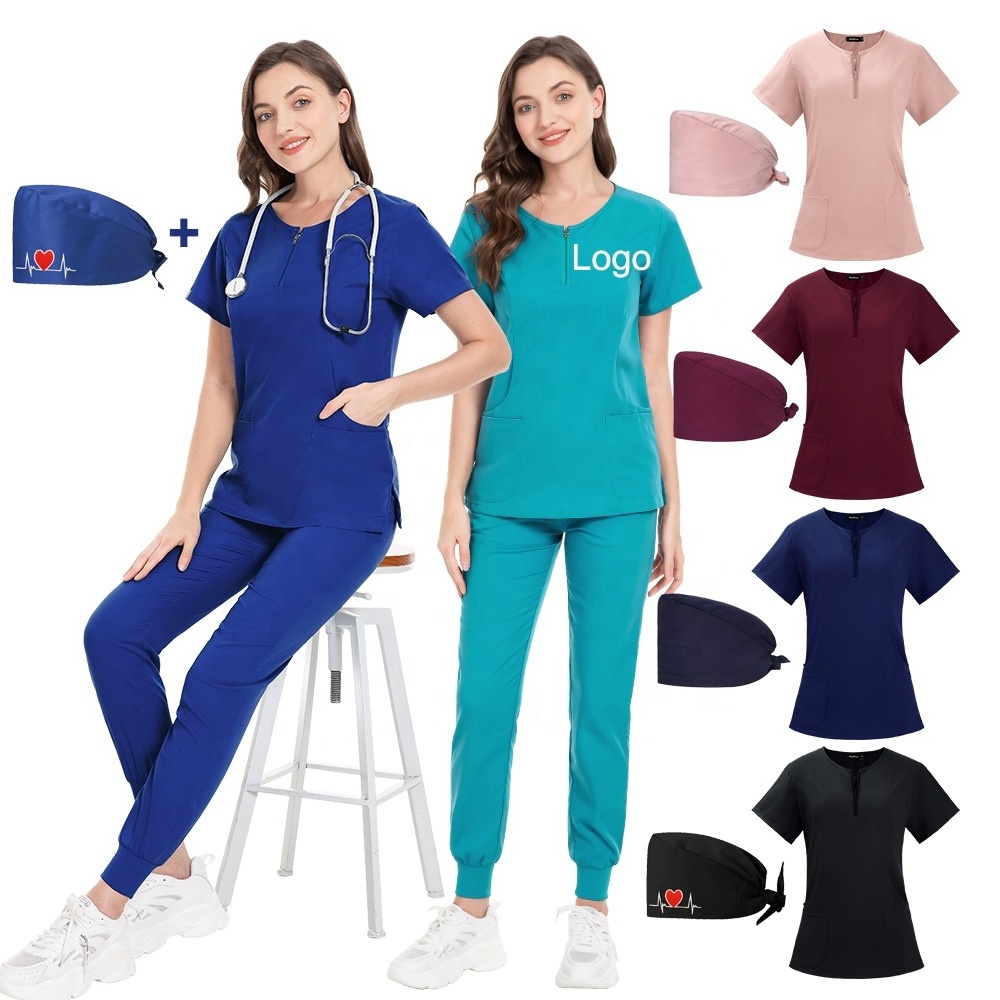 Customized Logo Woven Waterproof Spandex Nurse Scrubs Suit Cap Stretchy Nursing Dental Surgeon Sets Medical Hospital Uniforms