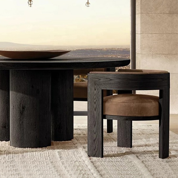 Home furniture oak dining table black frame round wooden dining table dining room furniture 6 seats modern