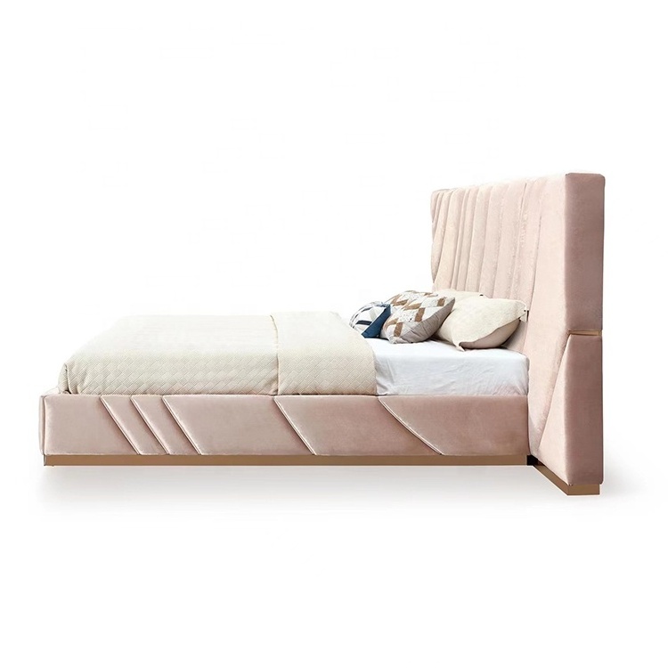 Chic French Pink Tufted Upholstered Queen Box Bed Bedroom Furniture Wooden Headboard Standard Double Velvet Fabric Bed