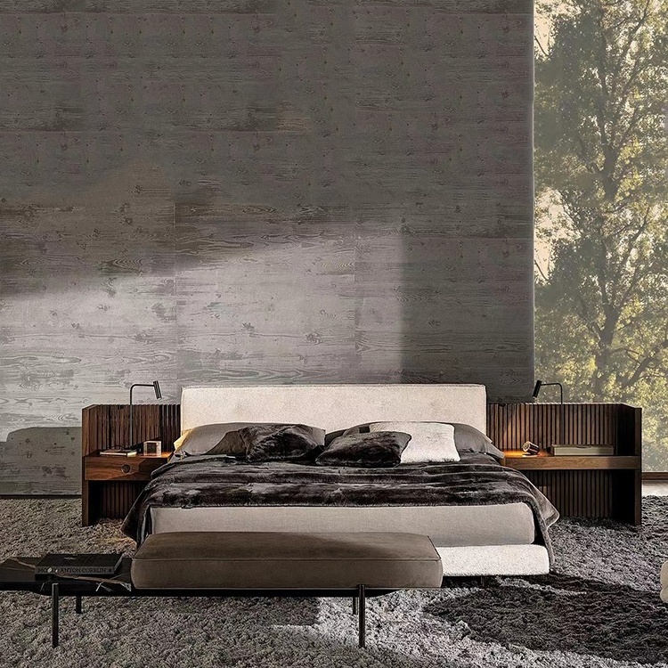 modern bed king size bedroom furniture sets fabric bed design Italian style solid wood bed frame with headboard