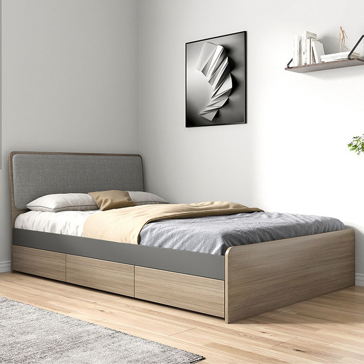 Modern Style Fabric Headboard Wooden Storage Single Bed 1.5 m Tatami Queen Size Multifunction Bed