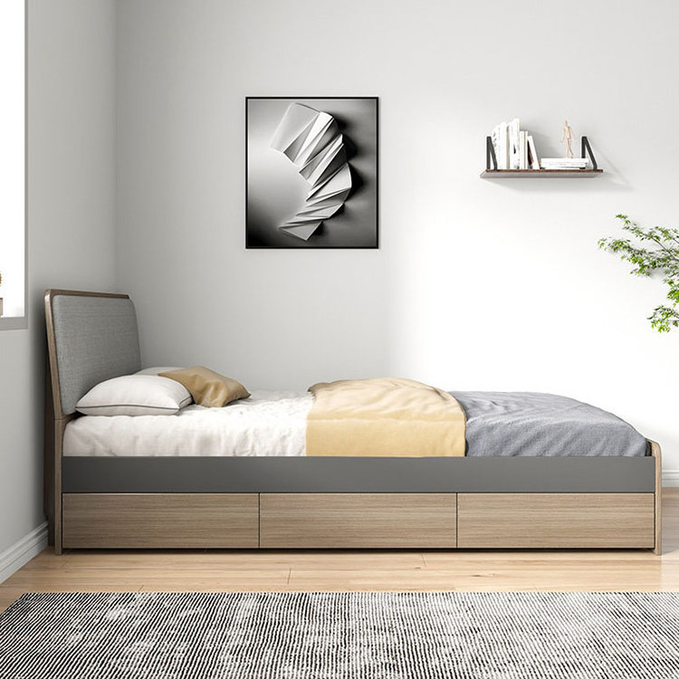 Modern Style Fabric Headboard Wooden Storage Single Bed 1.5 m Tatami Queen Size Multifunction Bed