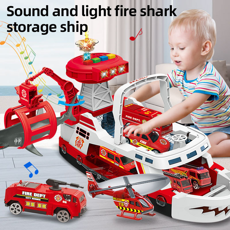 Newest design kids police cars race track city shark boat set car with light and music