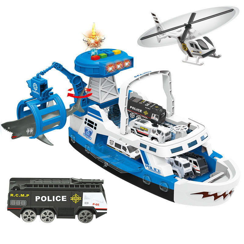 Newest design kids police cars race track city shark boat set car with light and music