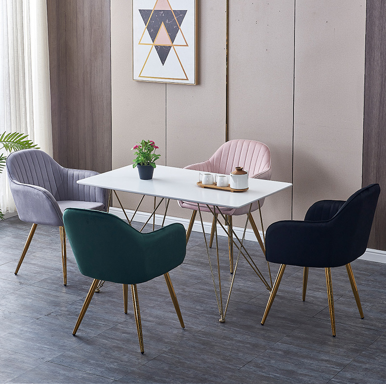 Set of 4 Rice Modern Blue Green Pink Black Dining Chairs Velvet Accent Chair Gold Metal Legs Cushion Dinning Armchair For Sale