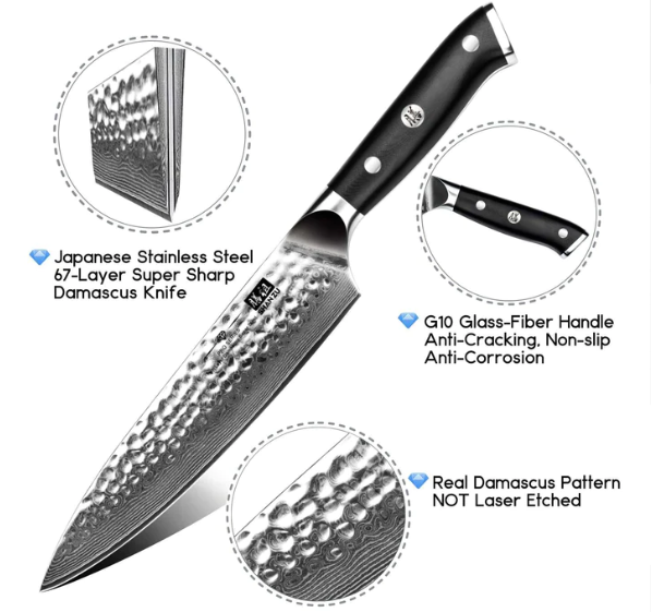 High Quality 8inch Damascus Steel AUS-10 Razor Sharp Hammered pattern Chef Knife  G10 Grip Carbon Fiber kitchen Knife