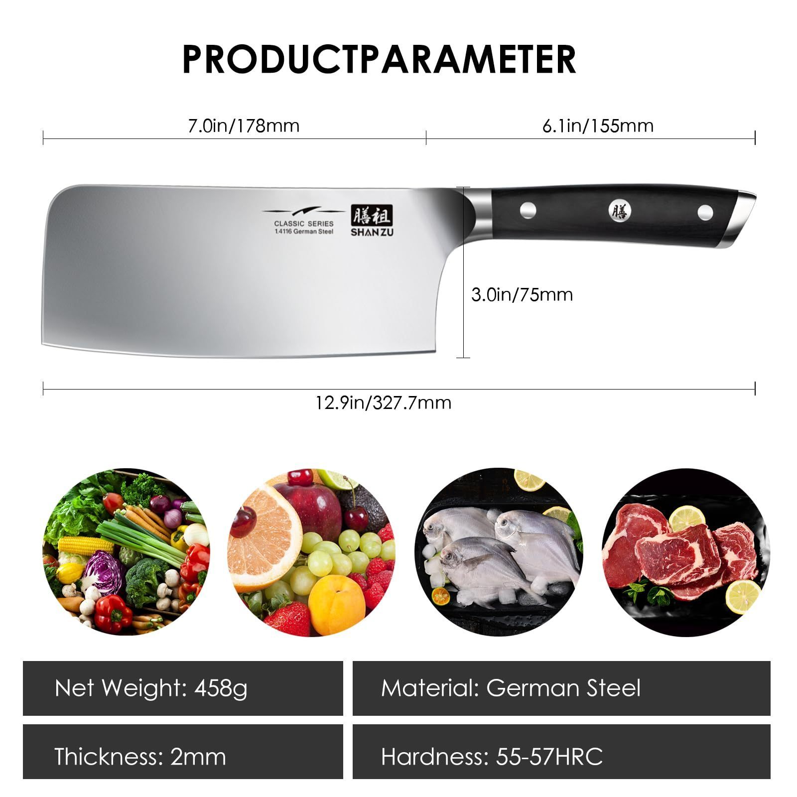 SHAN ZU Kitchen Knife 7 Inch Professional Butcher Cleaver Chef Knife Chopper Chinese Butcher Knife for Home Kitchen & Restaurant