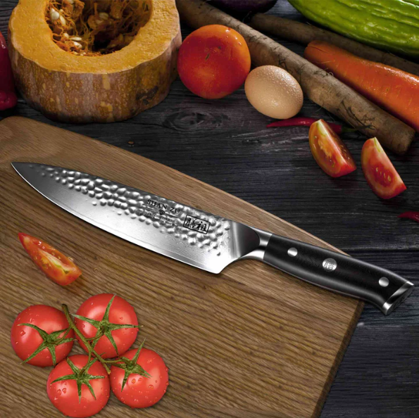 High Quality 8inch Damascus Steel AUS-10 Razor Sharp Hammered pattern Chef Knife  G10 Grip Carbon Fiber kitchen Knife