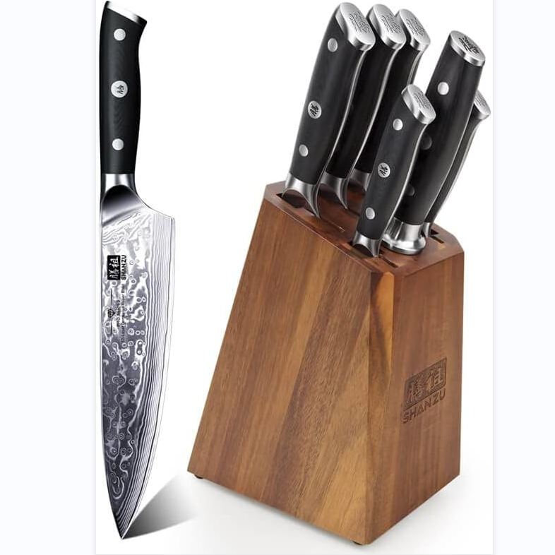 SHANZU 7-piece Japanese Aus-10 super sharp Damascus steel kitchen knife set, professional kitchen knife with G10 handle