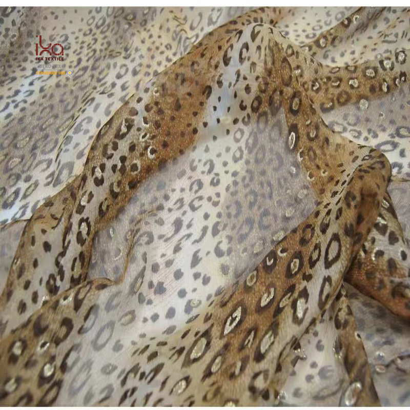 Wholesale Trade Leopard Print Pure Silk Crinkle Crepe Fabric with Gold Dust